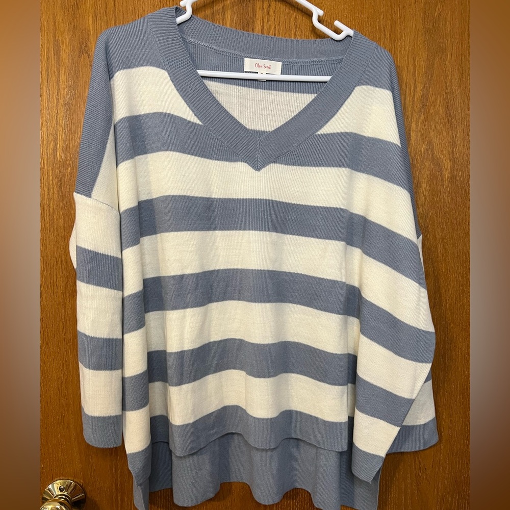 OLIVE SCENT  Women'sV-Neck Sweater‎ LIGHT BLUE AND WHITE STRIPED NWOT med